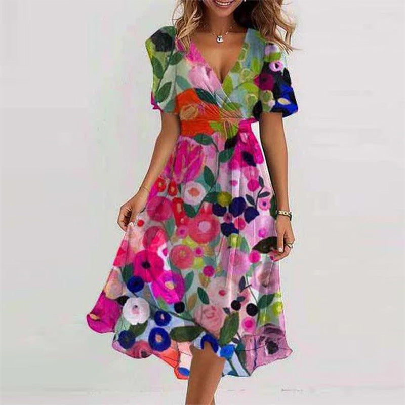 Women's Floral Wrap Midi Dress – A-Line Short Sleeve Summer
