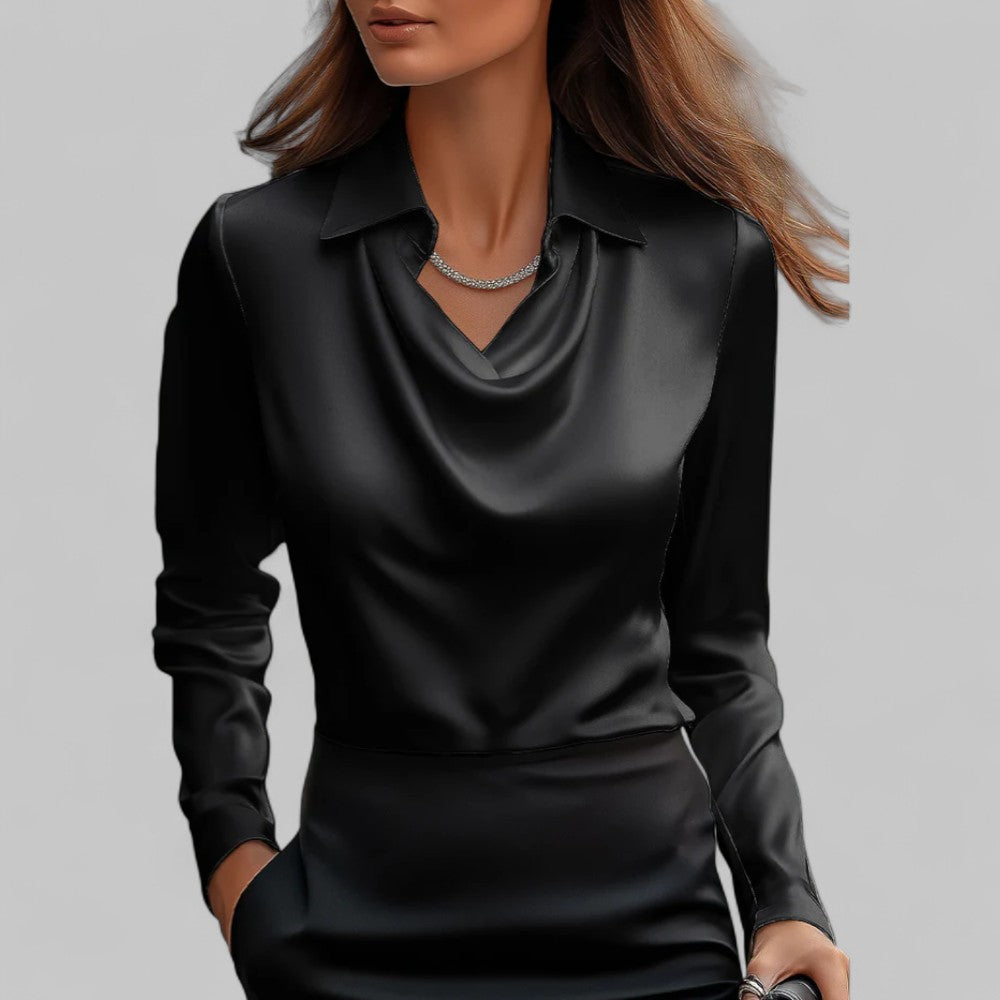 Women's Draped Neck Satin Blouse – Elegant Long Sleeve Style