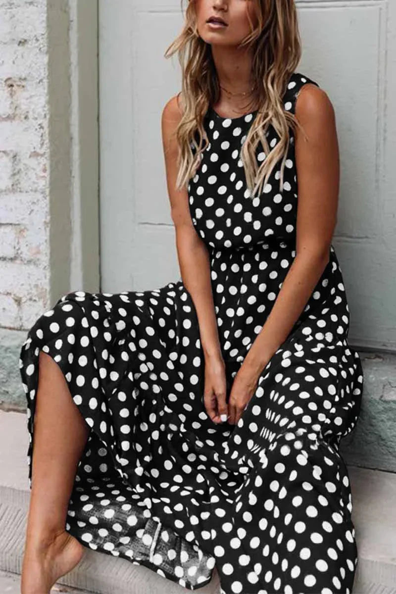 Women's Sleeveless Polka Dot Maxi Dress – Relaxed Fit Casual Everyday Style
