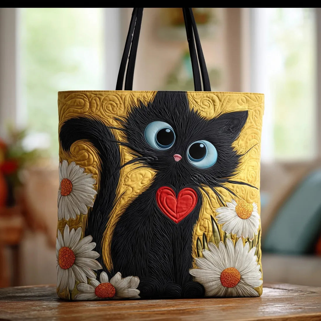 Quilted Bag – Black Cat Heart & Daisies