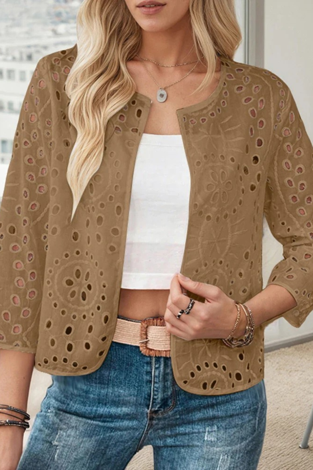 Women's Cropped Crochet Cardigan – Broderie Anglaise Detail Style