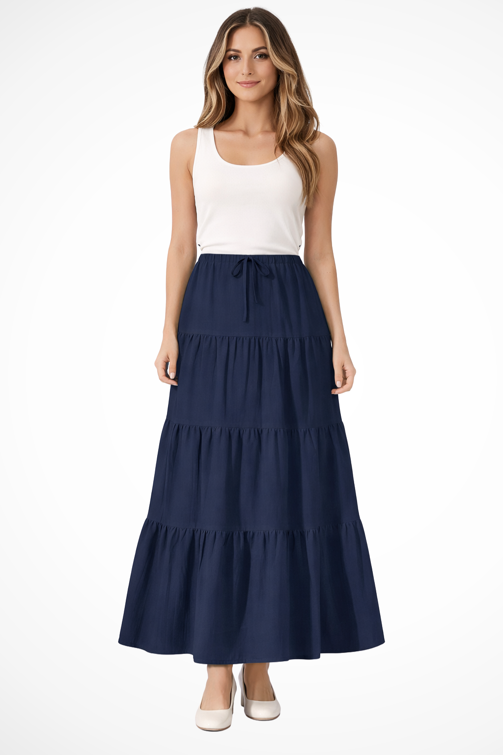 Women's Tiered Boho Maxi Skirt – Elastic Drawstring Waist Style