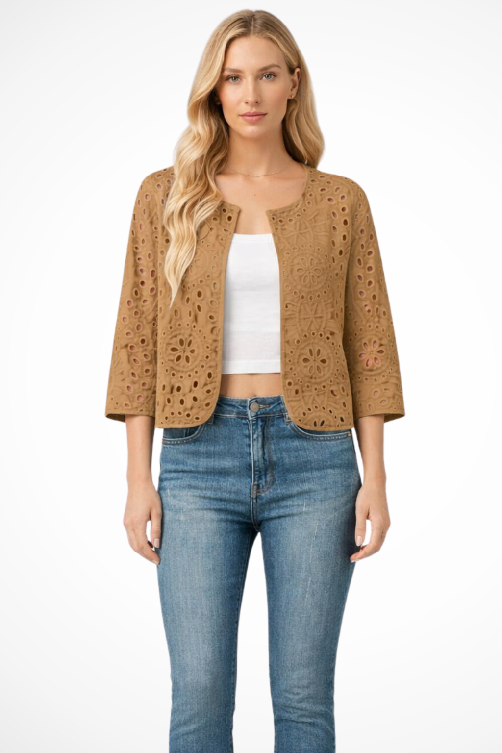 Women's Cropped Crochet Cardigan – Broderie Anglaise Detail Style