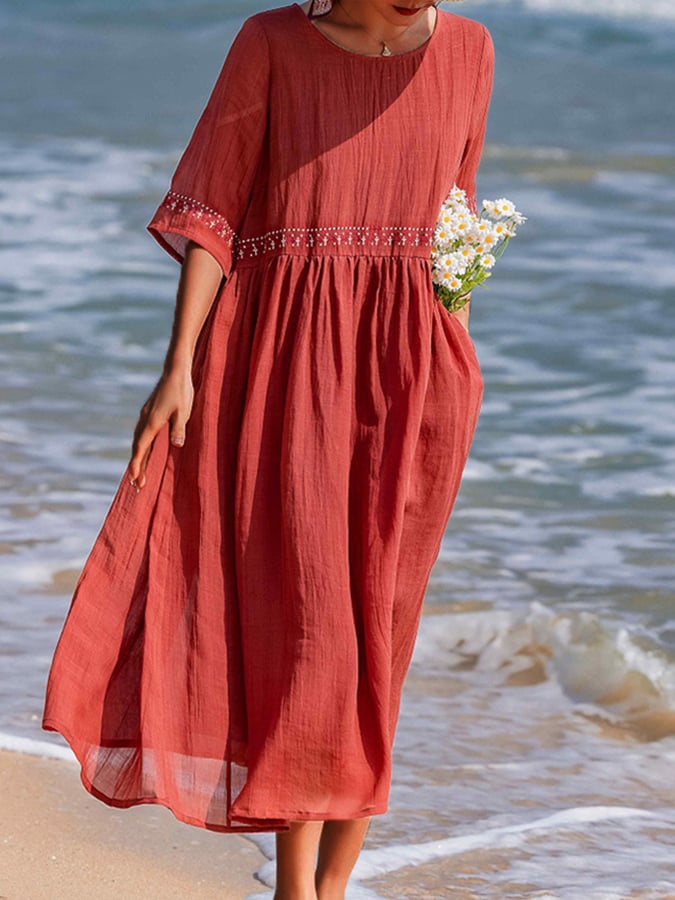 Women's White Embroidered Linen Maxi Dress – Casual Beach Summer Cover-Up