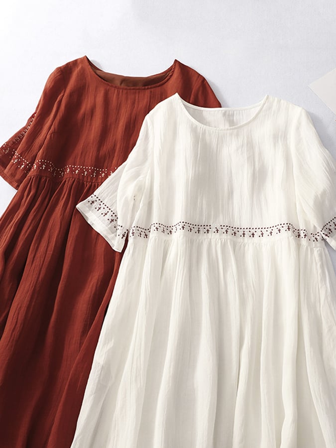 Women's White Embroidered Linen Maxi Dress – Casual Beach Summer Cover-Up