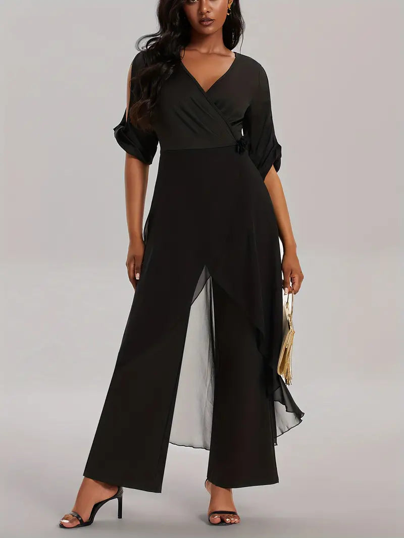 Women's Asymmetrical Hem Jumpsuit – Elegant V-Neck Occasion Style