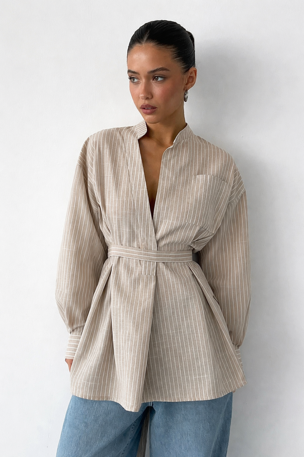 Women's Belted Striped Shirt – Stand Collar Long Sleeve Style