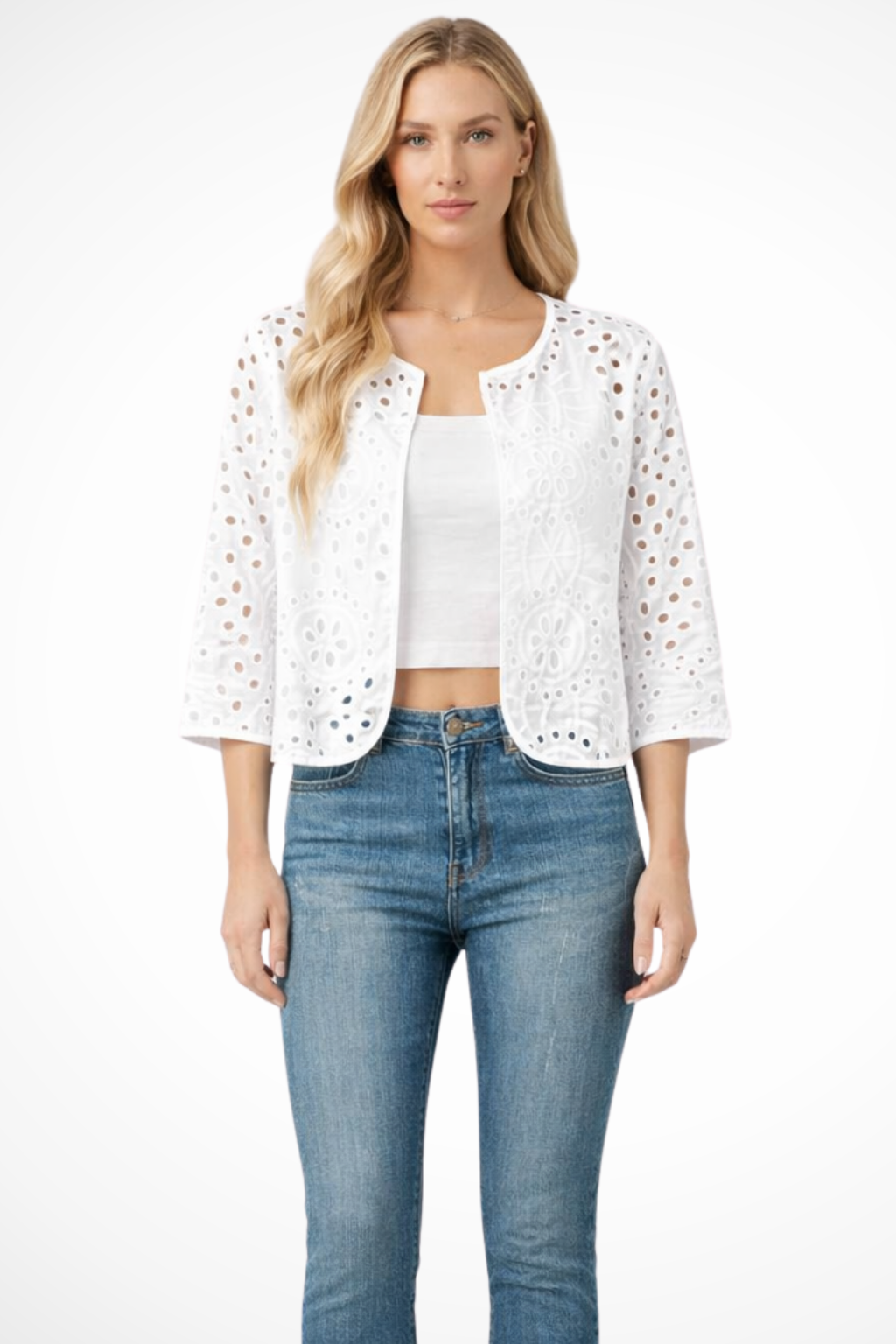 Women's Cropped Crochet Cardigan – Broderie Anglaise Detail Style