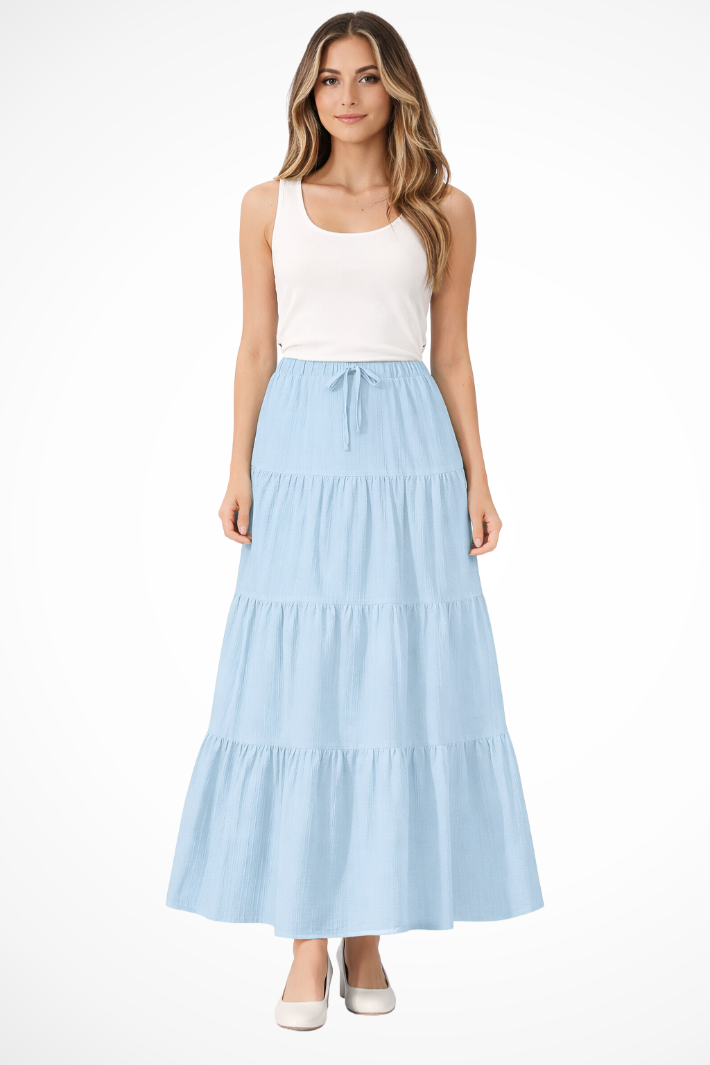Women's Tiered Boho Maxi Skirt – Elastic Drawstring Waist Style