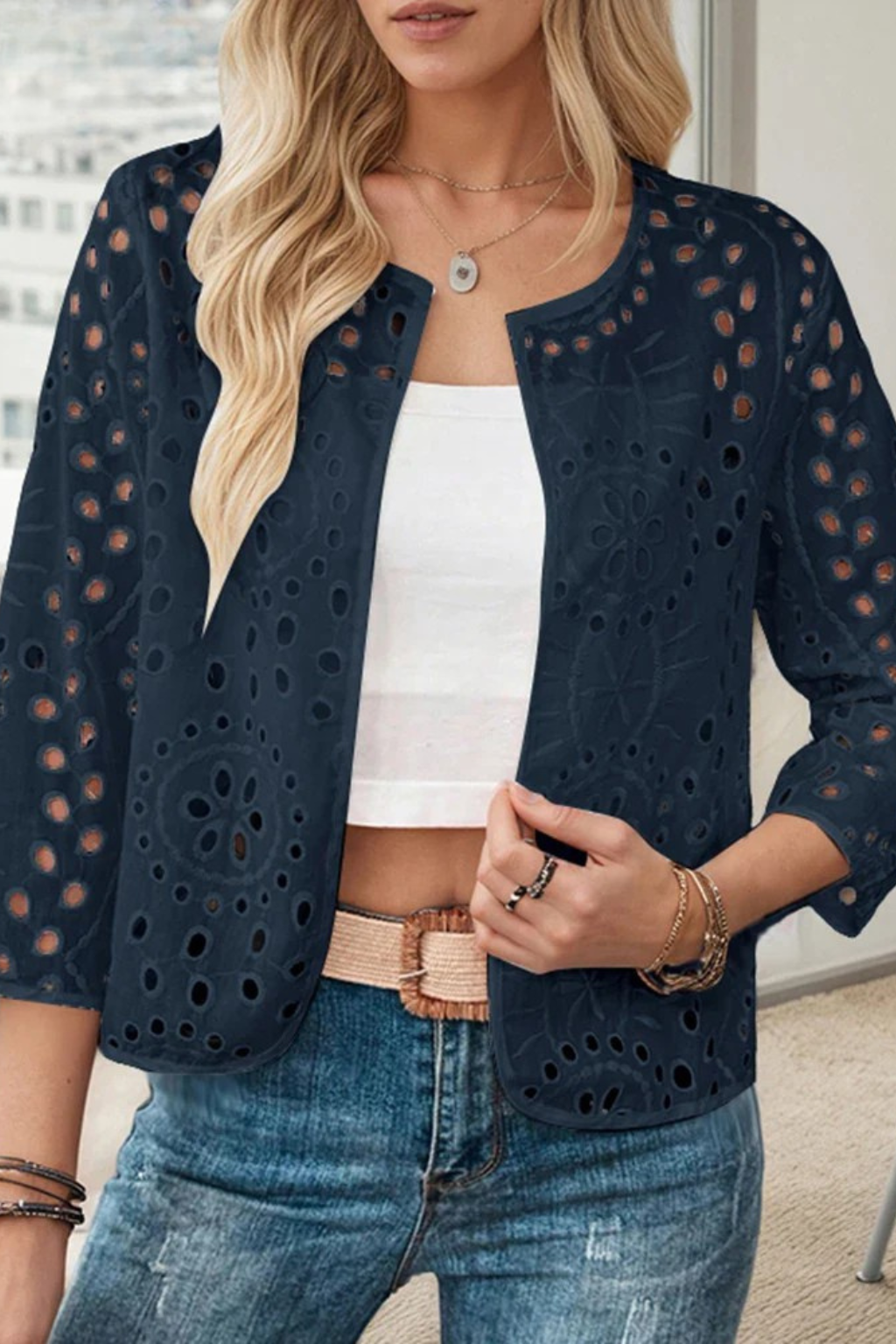 Women's Cropped Crochet Cardigan – Broderie Anglaise Detail Style