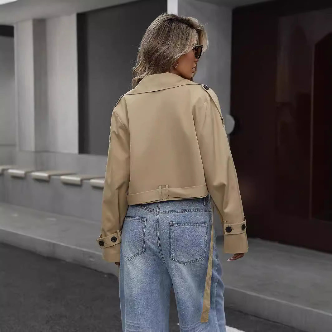 Women's Cropped Double-Breasted Trench Jacket – Chic Layering Style