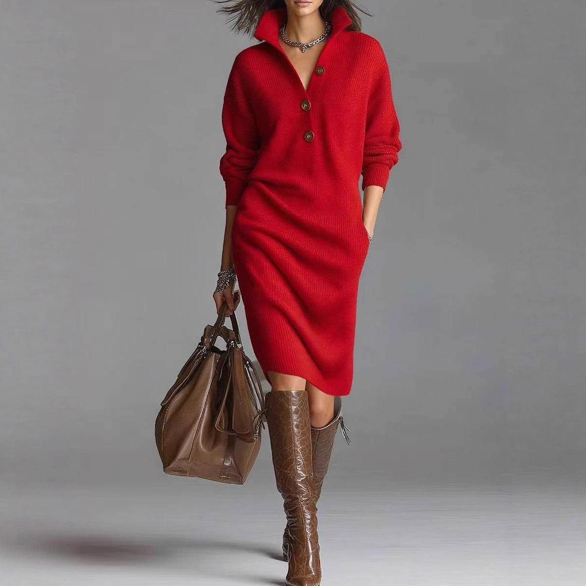 Women's Turtleneck Sweater Dress – Long Sleeve Ribbed Hem Cozy Knit