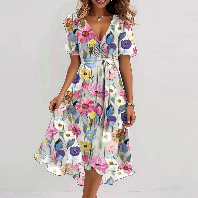 Women's Floral Wrap Midi Dress – A-Line Short Sleeve Summer