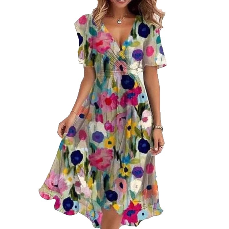 Women's Floral Wrap Midi Dress – A-Line Short Sleeve Summer