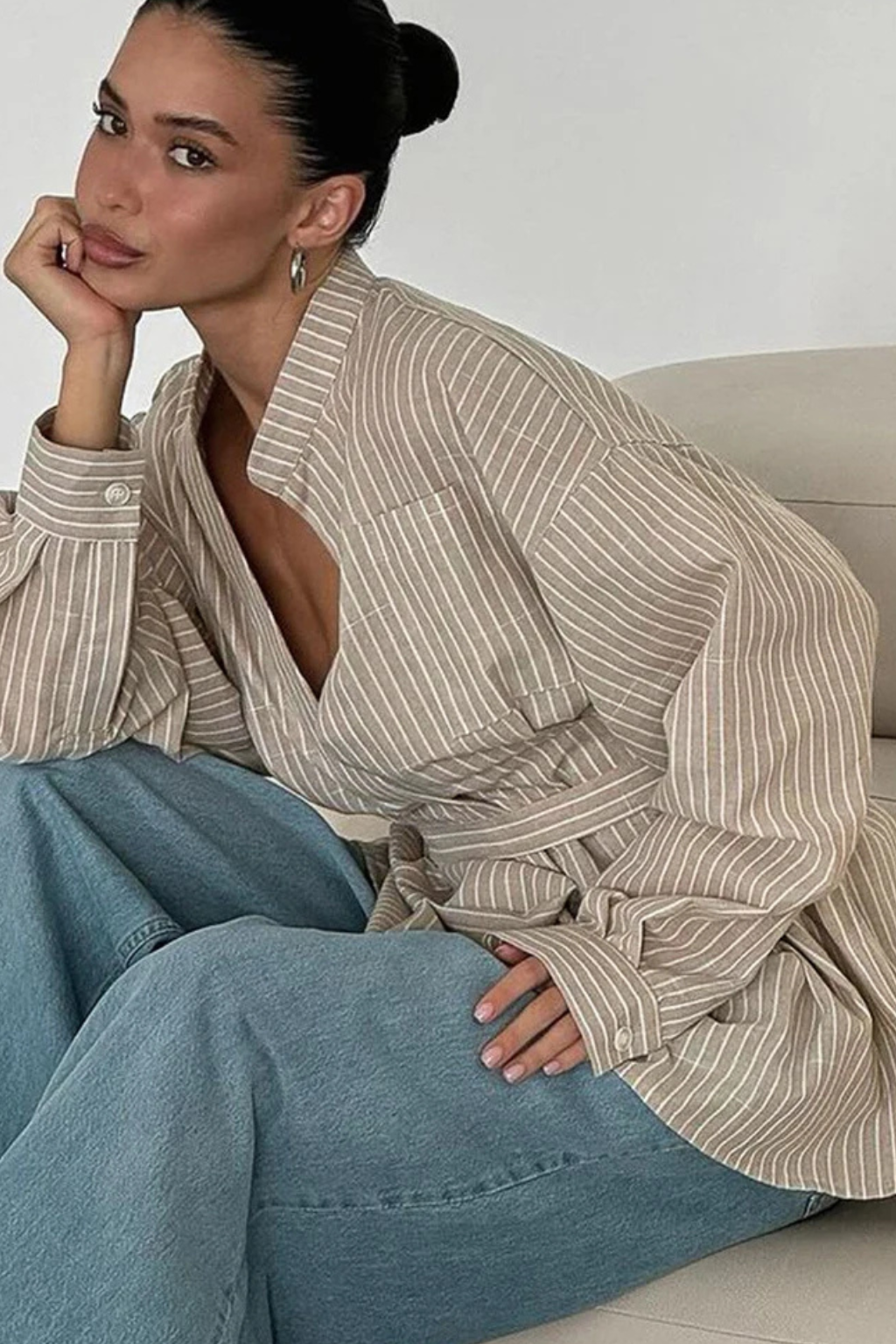 Women's Belted Striped Shirt – Stand Collar Long Sleeve Style