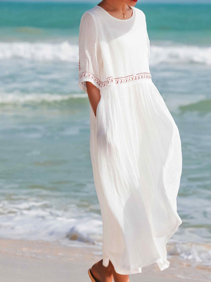 Women's White Embroidered Linen Maxi Dress – Casual Beach Summer Cover-Up