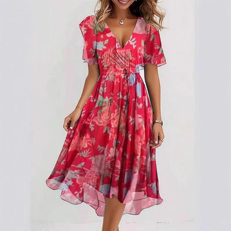 Women's Floral Wrap Midi Dress – A-Line Short Sleeve Summer