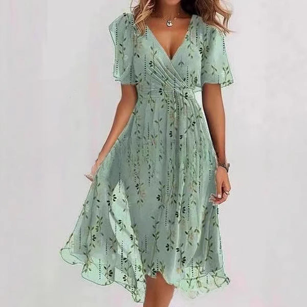 Women's Floral Wrap Midi Dress – A-Line Short Sleeve Summer
