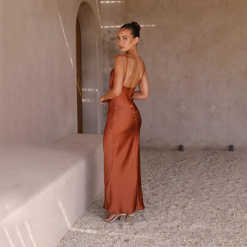 Women's Satin Maxi Dress – Draped Neckline Spaghetti Strap Elegant Evening