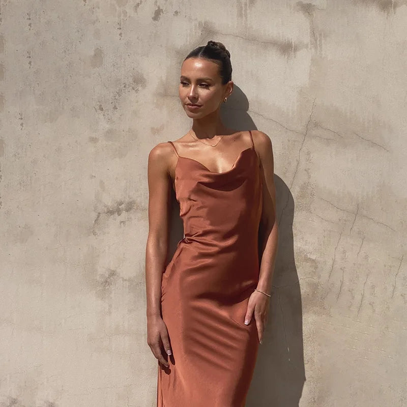 Women's Satin Maxi Dress – Draped Neckline Spaghetti Strap Elegant Evening