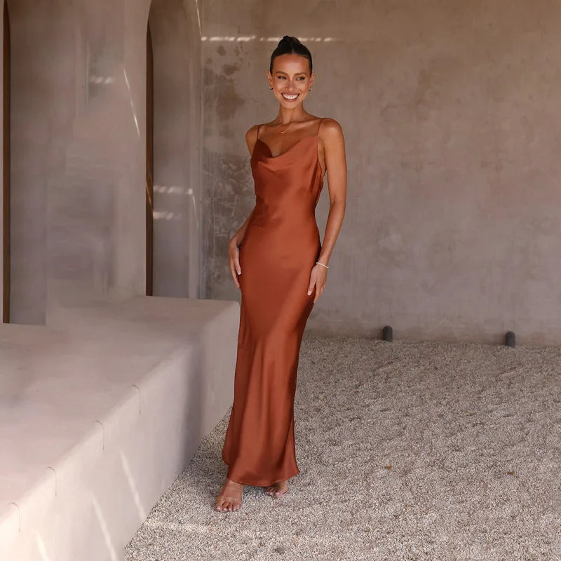 Women's Satin Maxi Dress – Draped Neckline Spaghetti Strap Elegant Evening