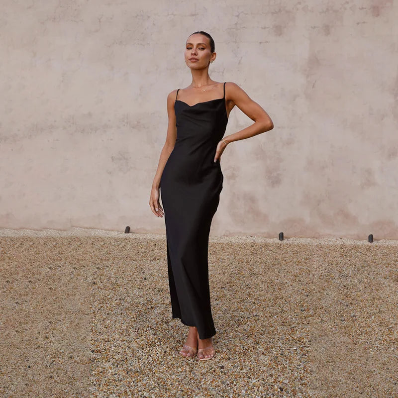 Women's Satin Maxi Dress – Draped Neckline Spaghetti Strap Elegant Evening