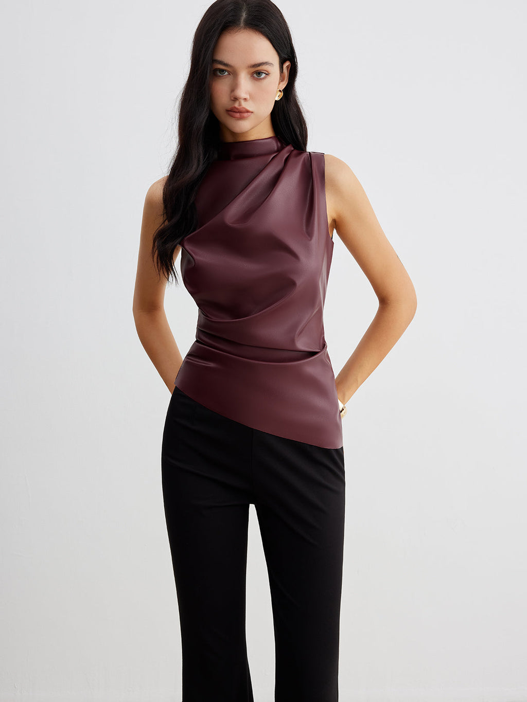 Women's Sleeveless Faux Leather Drape Top – High Neck Statement Style