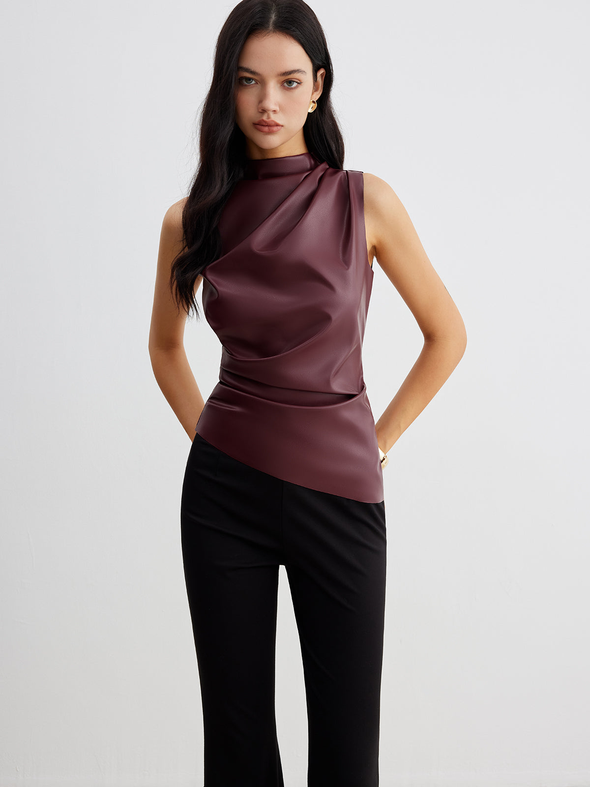 Women's Sleeveless Faux Leather Drape Top – High Neck Statement Style
