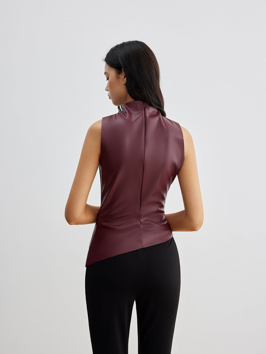 Women's Sleeveless Faux Leather Drape Top – High Neck Statement Style