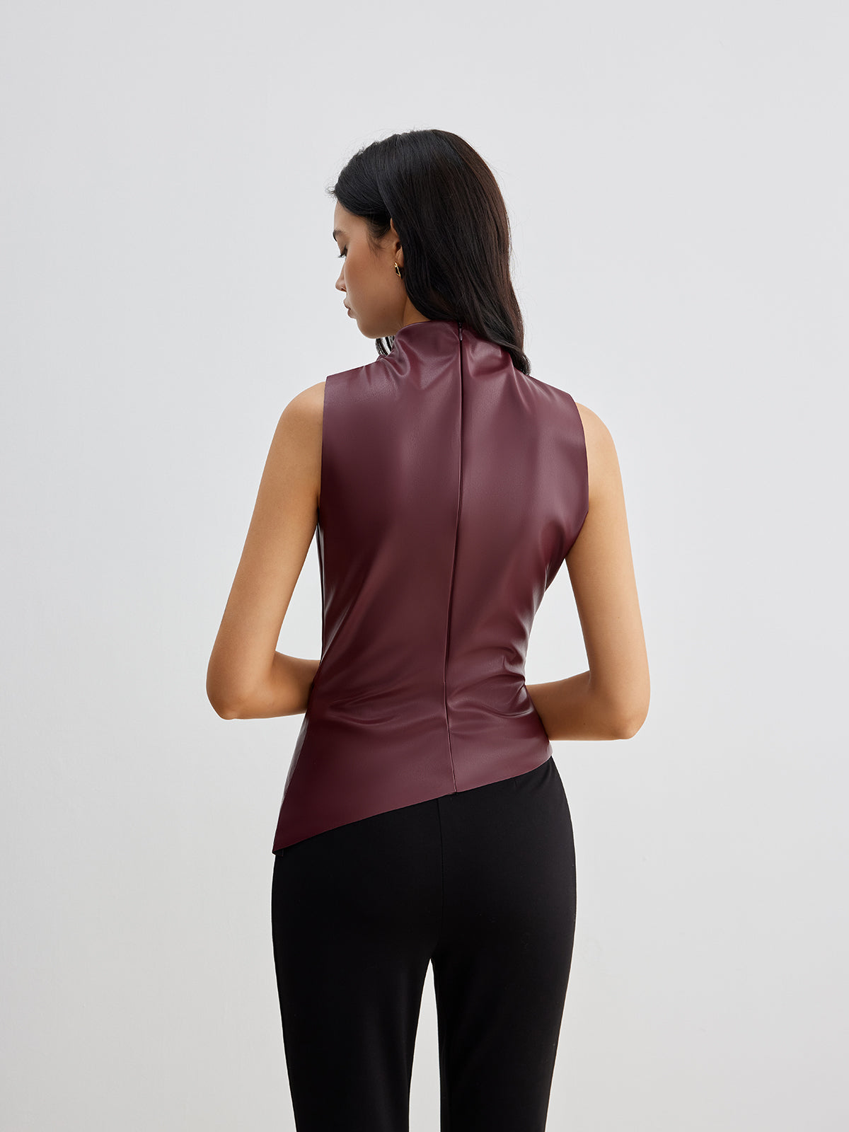 Women's Sleeveless Faux Leather Drape Top – High Neck Statement Style