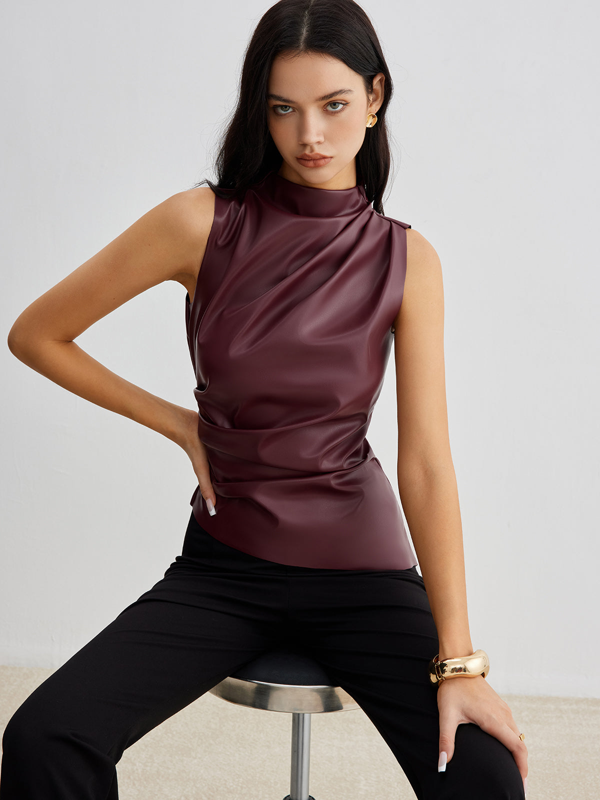Women's Sleeveless Faux Leather Drape Top – High Neck Statement Style