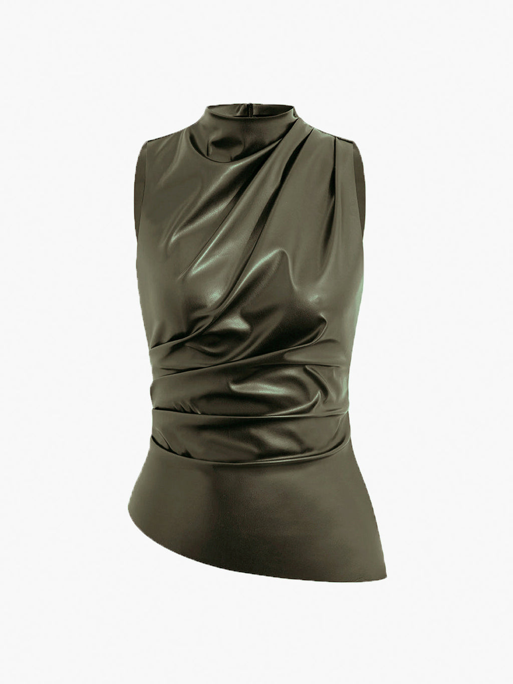 Women's Sleeveless Faux Leather Drape Top – High Neck Statement Style