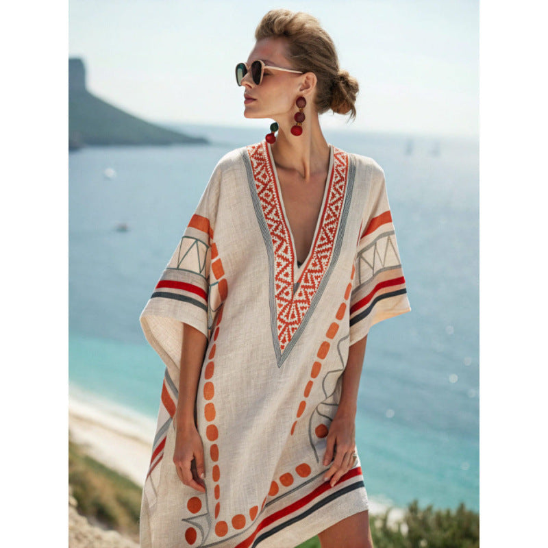 Women's Embroidered Bohemian Caftan Dress – Elegant Flowy Summer Cover-Up