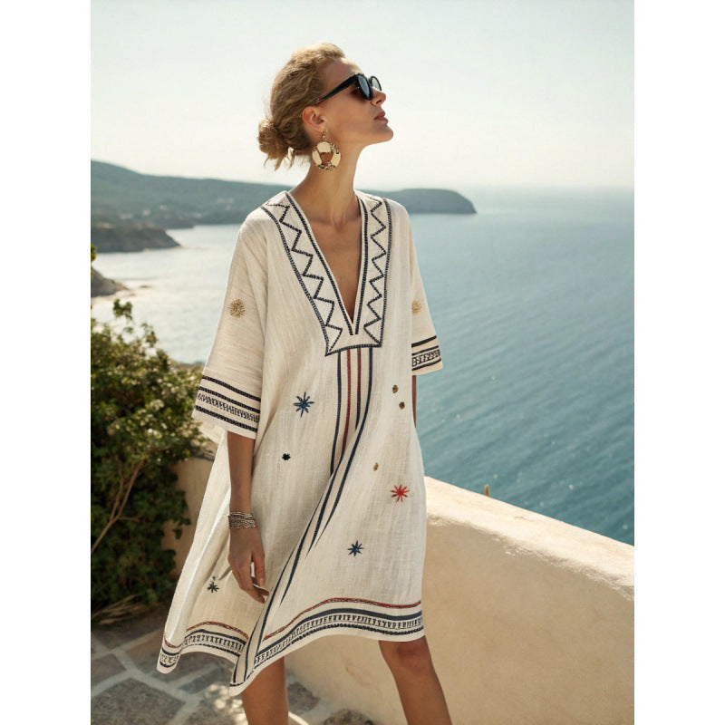Women's Embroidered Bohemian Caftan Dress – Elegant Flowy Summer Cover-Up