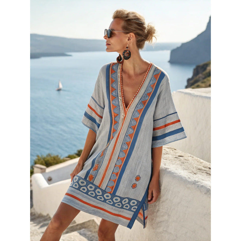Women's Embroidered Bohemian Caftan Dress – Elegant Flowy Summer Cover-Up