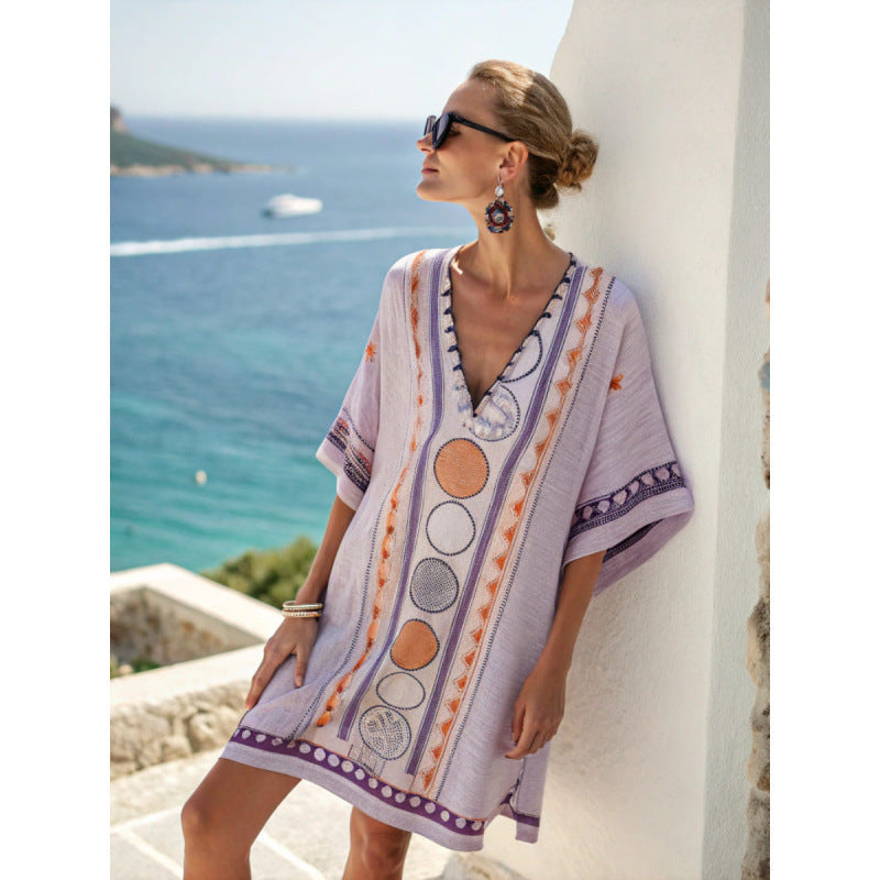 Women's Embroidered Bohemian Caftan Dress – Elegant Flowy Summer Cover-Up