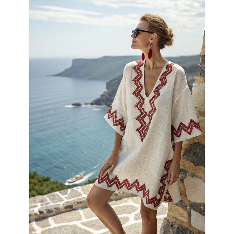 Women's Embroidered Bohemian Caftan Dress – Elegant Flowy Summer Cover-Up