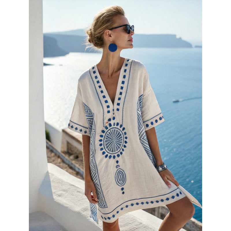 Women's Embroidered Bohemian Caftan Dress – Elegant Flowy Summer Cover-Up