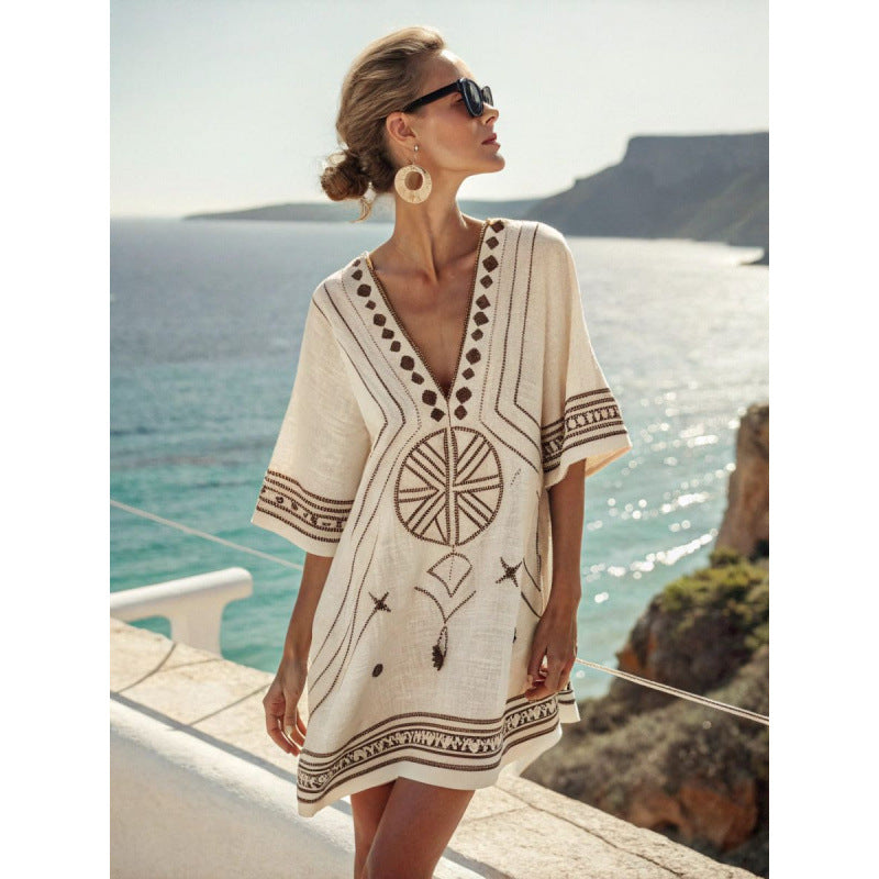 Women's Embroidered Bohemian Caftan Dress – Elegant Flowy Summer Cover-Up
