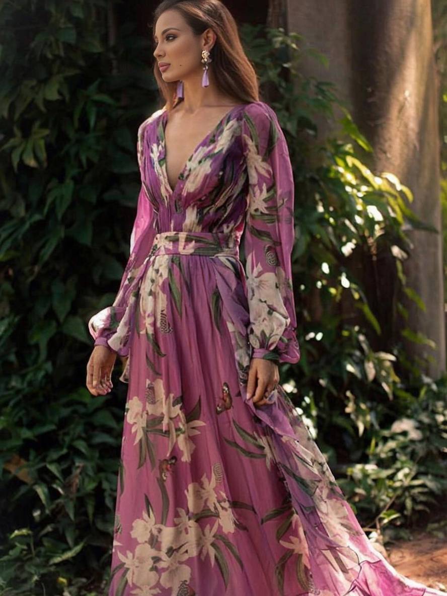 Women's Purple Floral Maxi Dress – V-Neck Long Sleeve Flowy Elegance
