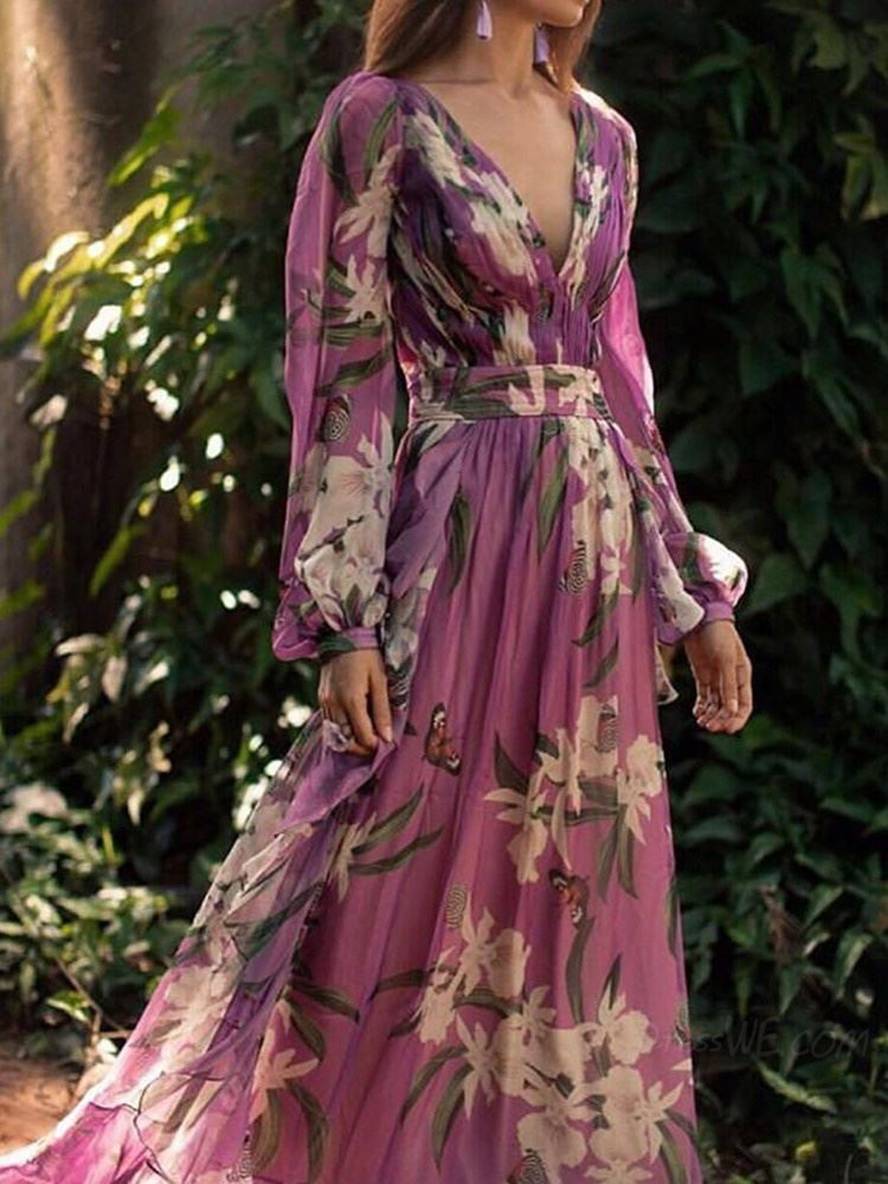 Women's Purple Floral Maxi Dress – V-Neck Long Sleeve Flowy Elegance
