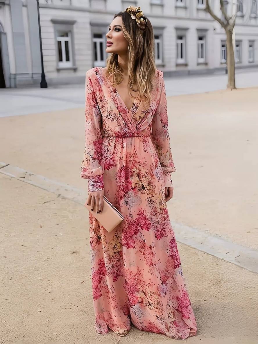 Women's Pink Floral Sleeveless Maxi Dress – Relaxed V-Neck Flowy Fit