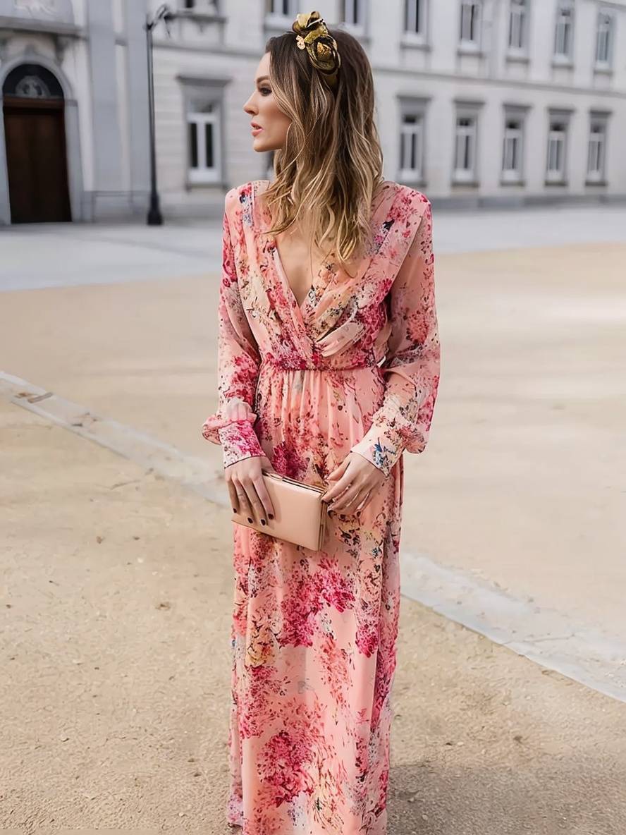 Women's Pink Floral Sleeveless Maxi Dress – Relaxed V-Neck Flowy Fit