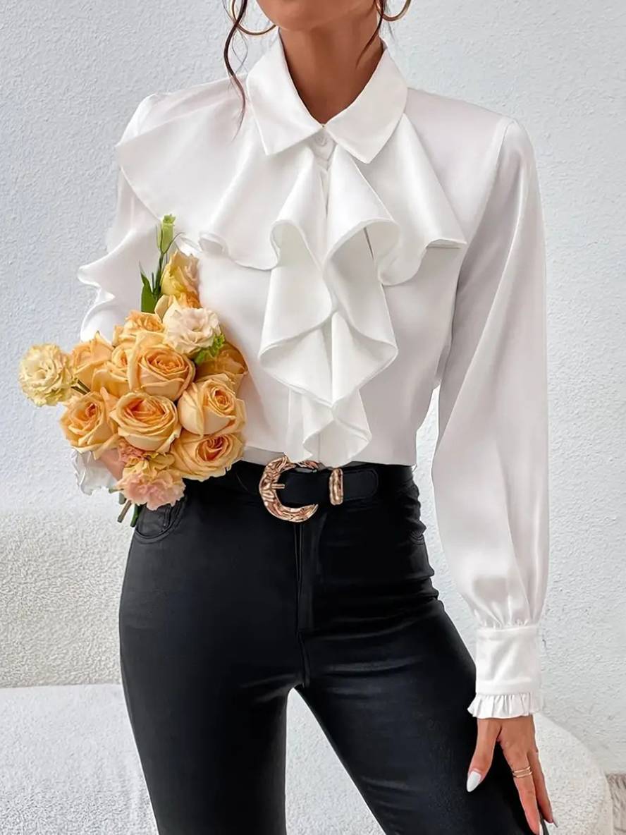 Women's Ruffle Jabot Collar Blouse – Button-Front Bishop Sleeves Elegant