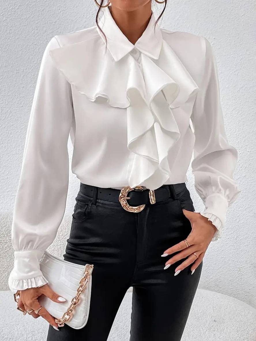 Women's Ruffle Jabot Collar Blouse – Button-Front Bishop Sleeves Elegant
