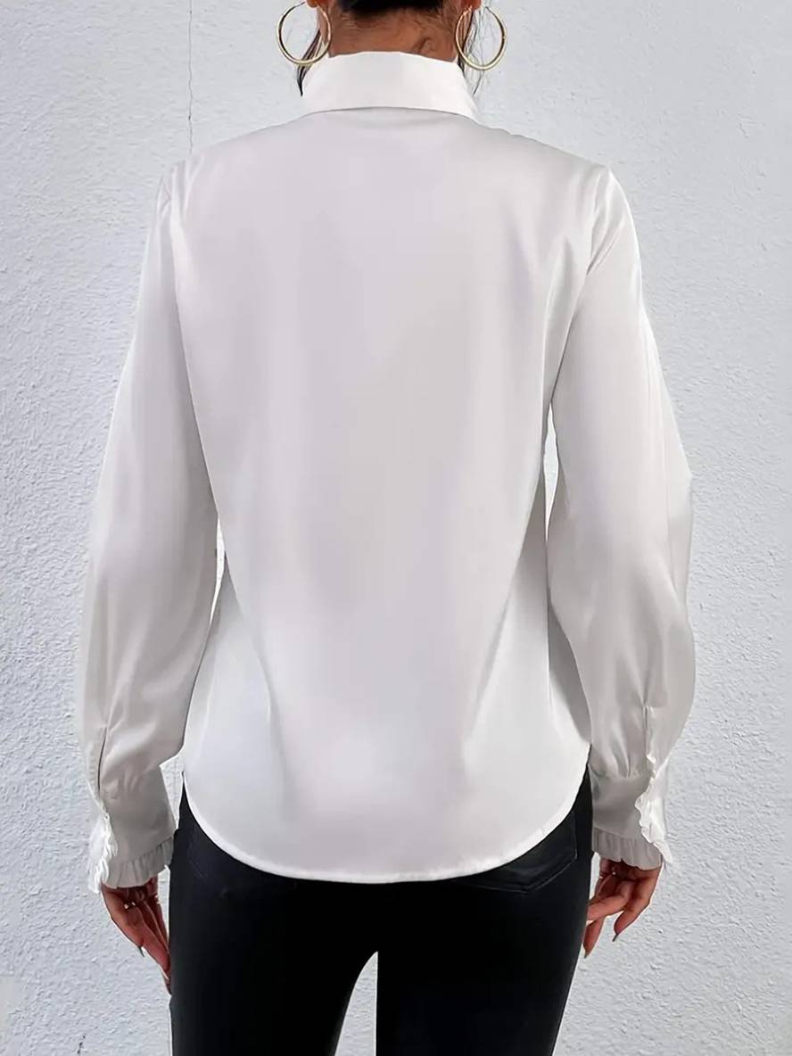 Women's Ruffle Jabot Collar Blouse – Button-Front Bishop Sleeves Elegant