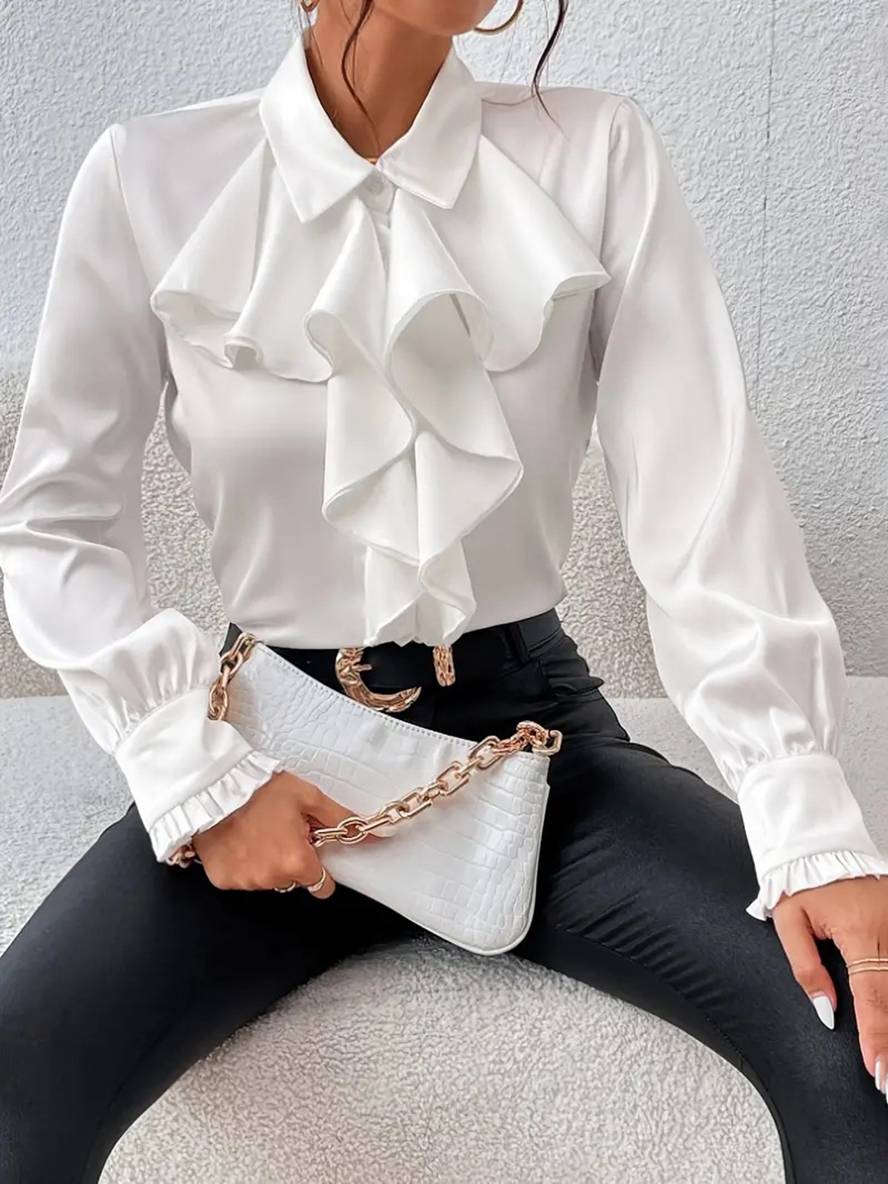 Women's Ruffle Jabot Collar Blouse – Button-Front Bishop Sleeves Elegant