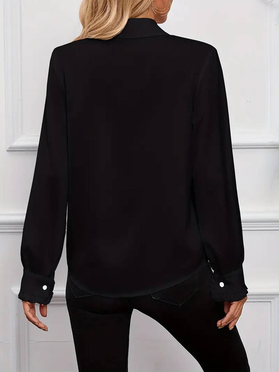 Women's Ruffle Jabot Collar Blouse – Button-Front Bishop Sleeves Elegant