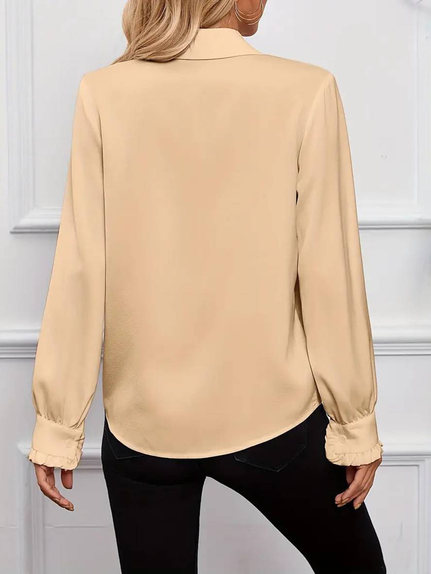 Women's Ruffle Jabot Collar Blouse – Button-Front Bishop Sleeves Elegant