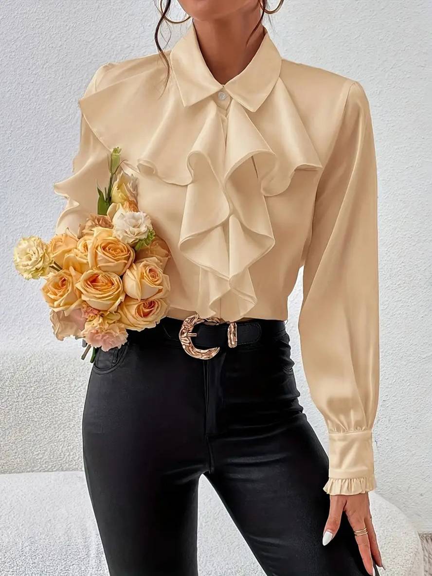 Women's Ruffle Jabot Collar Blouse – Button-Front Bishop Sleeves Elegant